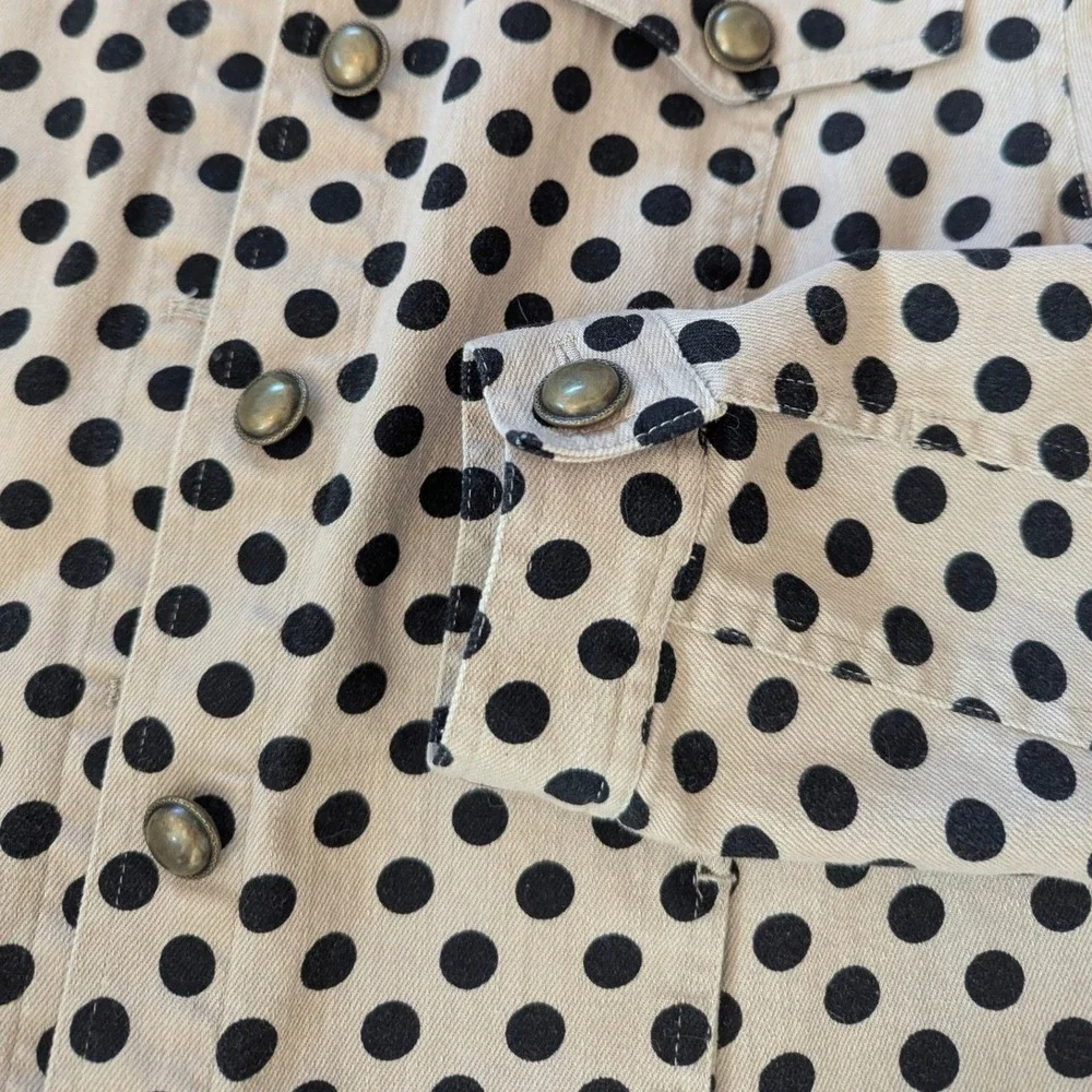 Christopher & Banks Petite Polka‎ Dot Denim Jacket Tan Black Button Front PM